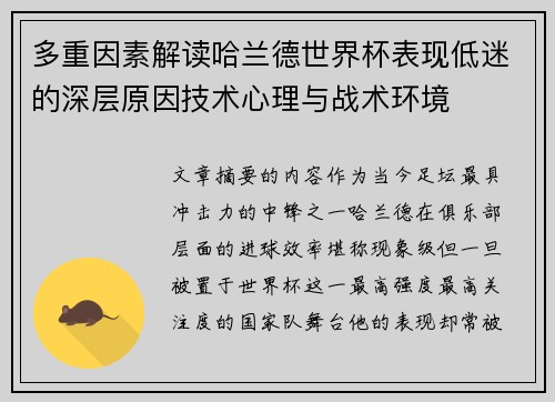 多重因素解读哈兰德世界杯表现低迷的深层原因技术心理与战术环境